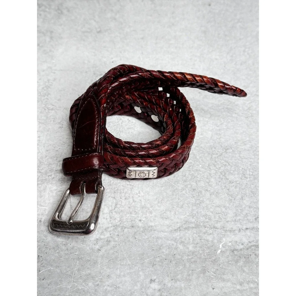 Fossil Mens Brown Braided Woven Genuine Leather Belt Silver Hardware BT2279200 M